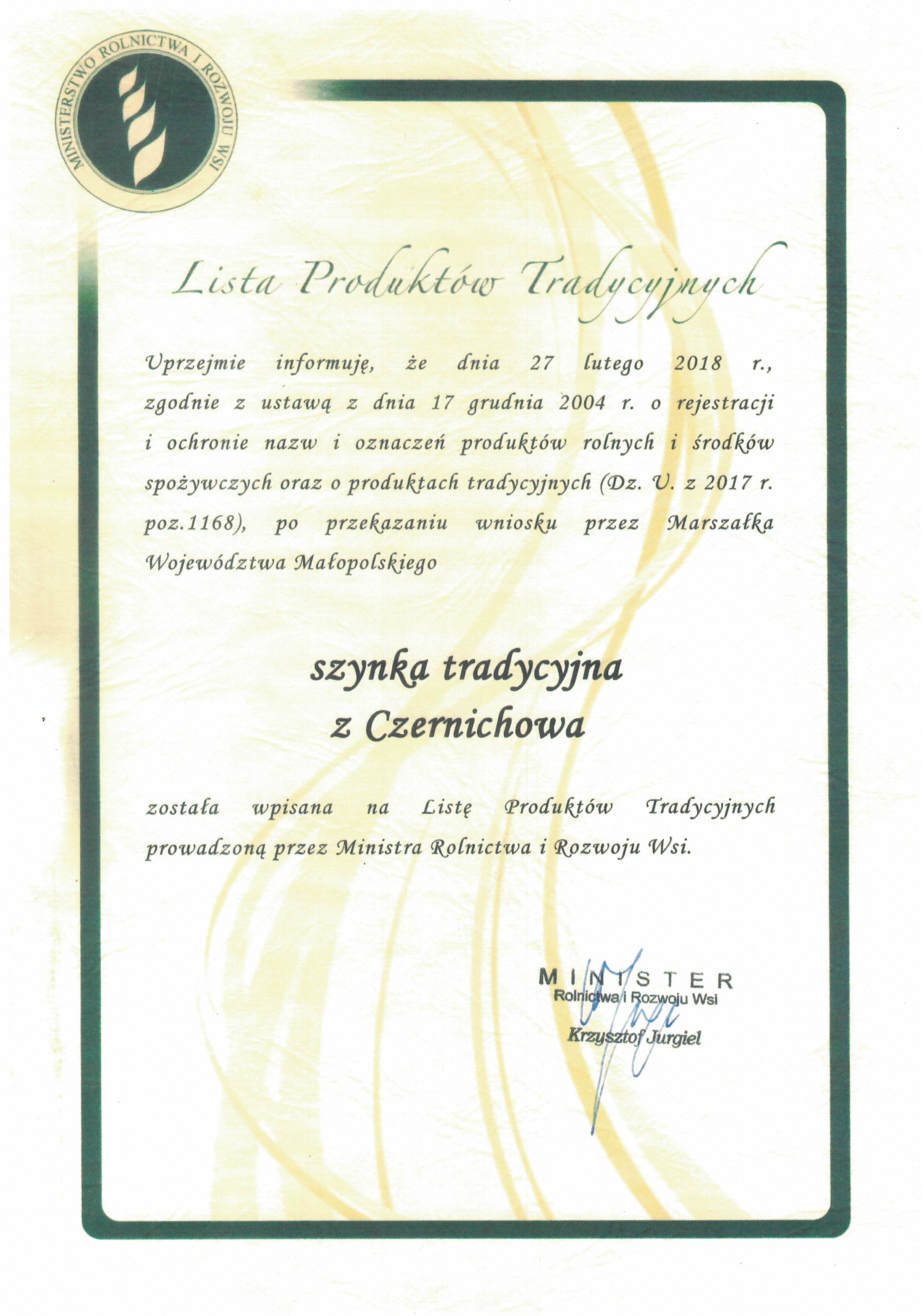 certyfikat szynka tradycyjna